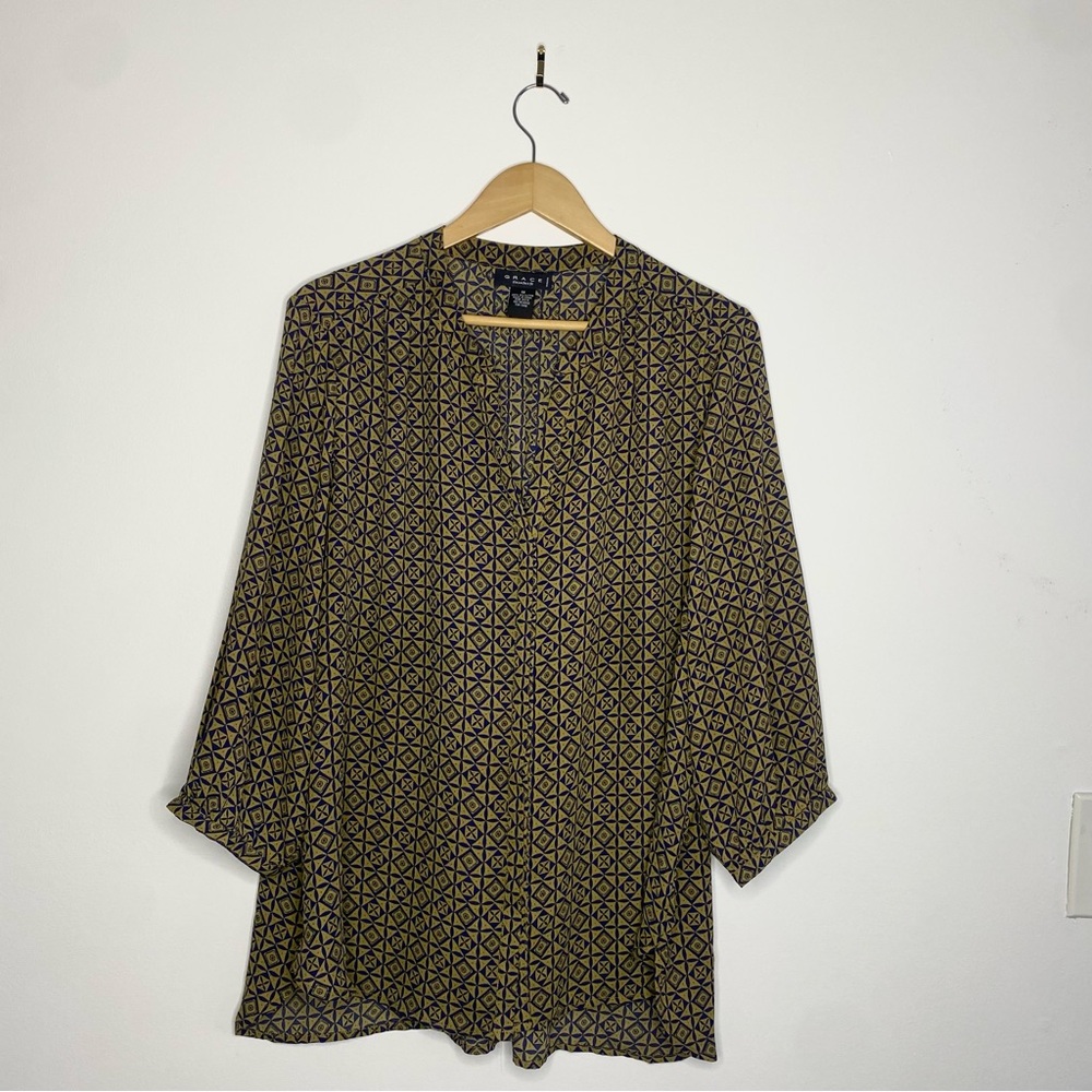 Women’s Silk Flow Loose Summer Dress Work Blouse Tan and Black Size 1XL